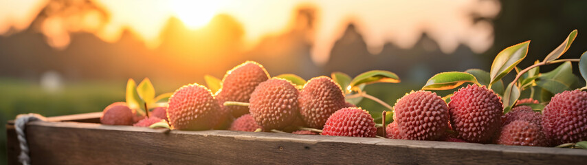 Lychees harvested in a wooden box with orchard and sunshine in the background. Natural organic fruit abundance. Agriculture, healthy and natural food concept. Horizontal composition, banner. - obrazy, fototapety, plakaty
