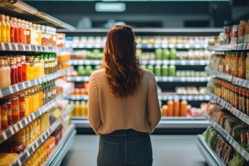 woman comparing products in a grocery store, considering nutrition, prices, and ingredients, demonstrating informed consumer behavior