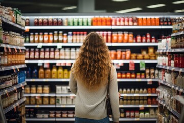 woman comparing products in a grocery store, considering nutrition, prices, and ingredients, demonstrating informed consumer behavior
