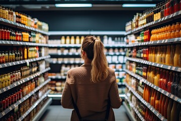 woman comparing products in a grocery store, considering nutrition, prices, and ingredients, demonstrating informed consumer behavior - obrazy, fototapety, plakaty