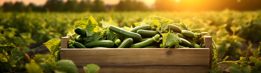 Zucchini harvested in a wooden box with field and sunset in the background. Natural organic fruit abundance. Agriculture, healthy and natural food concept. Horizontal composition, banner.