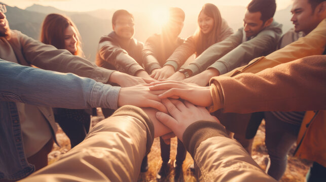 Friends form a circle on a mountain ridge,  hands intertwined,  their unity unwavering