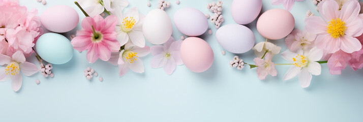 Fototapeta premium Happy Easter Decor Concept Banner. Top View Flat-lay. Easter Eggs with Spring Cherry Blossom Flower on Pastel Blue and Pink Background with Empty Copy Space