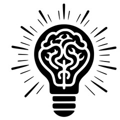 Brain in Light Bulb Icon, AI Vector Illustration