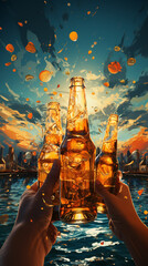 holding beer bottles with both hands, intersecting beer bottles, splashing beer, atmosphere, summer hot background, optimizing beer bottles in hand created with Generative Ai