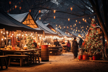 Picture of snowy winter and cwowed people of Christmas holiday at night in the city
