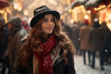 Happy woman walking in town in winter outfit on the weekend. Holiday, winter season concept