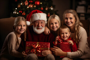 Obraz na płótnie Canvas Happy family celebrate christmas at home. Celebration, party and holidays concept