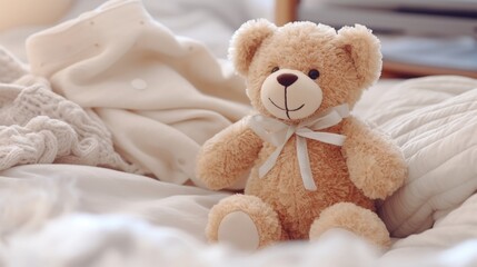 A Cozy Companion: Brown Teddy Bear Sitting on Top of a Bed