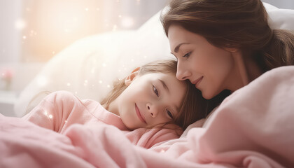Mother and daughter in bed with pink scarf world cancer day concept