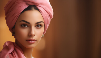 Young woman wears pink turban world cancer day concept
