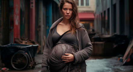 Naklejka premium A pregnant woman against the background of a disadvantaged area. Poverty. A pregnant girl with disheveled hair against the backdrop of a dirty street, early autumn. Life's difficulties
