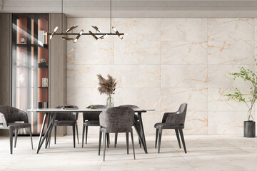 Dining room interior, minimal luxury dining room interior mock up, empty beige marble wall and floor, elegant chandelier and plants. 3D Rendering
