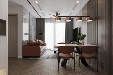Interior of empty space for dining and living with modern furniture. 3D rendering