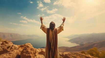 Old prophet in robe with beard prays smiling with widely spread arms raised to sky standing on hill by lake. Old happy prophet prays to God for good harvest on top of mountain near reservoir