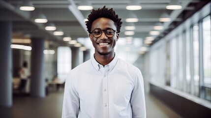 Obraz premium Smiling African American Young Man in Modern Office