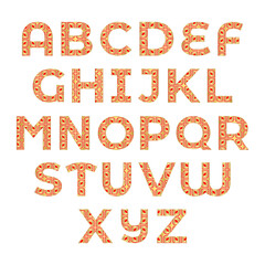 Golden decoration alphabet and red ornament. Text sparkles bold gold letters. Collection of capital letters for holiday on white background. Set of gold shiny elements. Realistic vector illustration.