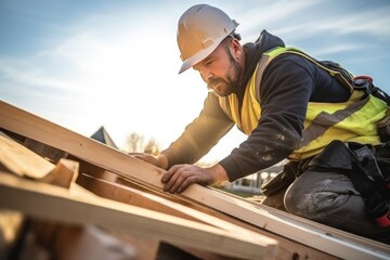 Middle-aged Caucasian man in hardhat is working on the construction of a wooden frame house. Male roofer is in the process of strengthening the wooden structures of the roof of a house. - obrazy, fototapety, plakaty