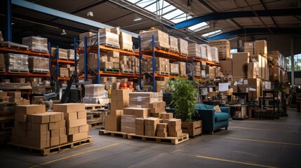 Warehouse full of shelves with goods in cartons. 