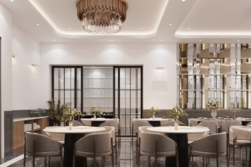 Modern interior design in a restaurant. 3d rendering