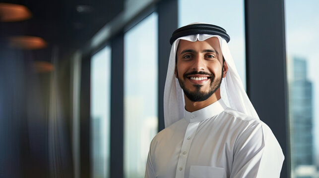 Smiling Arab Young Man in Modern White Office