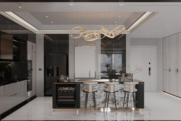 A Black and sophisticated modern kitchen interior.