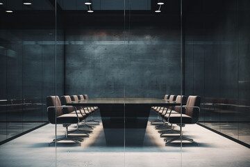 Empty modern conference room and meeting room with office table and chairs in background of glass room. Business concept of projects and meetings. - obrazy, fototapety, plakaty