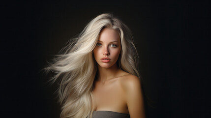 Naklejka premium Ethereal woman with flowing blonde hair and piercing blue eyes on a dark backdrop