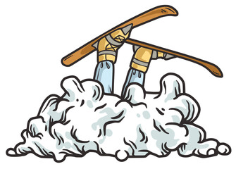 Winter seasonal sport, skiing and snowboarding, the person fell into a snow drift with skis. Extreme sports and ski resort. Skiing and snowboarding instruction.