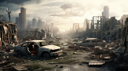 Apocalyptic cityscape with ruins and abandoned cars under a cloudy sky.