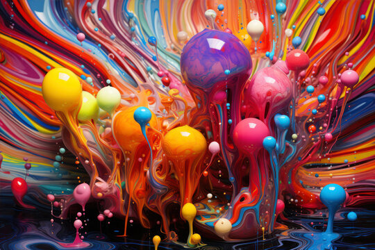 Colorful abstract background with balloons and splashes. 3d illustration
