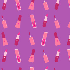 Cosmetic seamless pattern, print with pink lipstick, nail polish. Trendy pink  an violet vector pattern