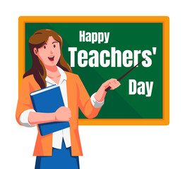 Happy teachers day poster with female teacher and chalkboard vector illustration.