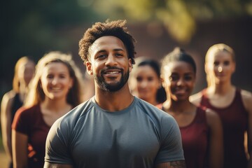Fototapeta premium Joyful fit man in a fitness class with others