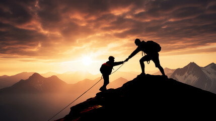 People helping each other hike up a mountain at sunrise. Giving a helping hand, and active fit lifestyle concept. - obrazy, fototapety, plakaty