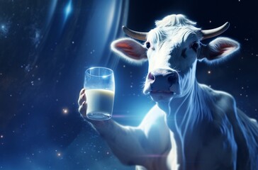The source of purity, A cow beside a glass of milk symbolizing natural nutrition.