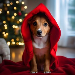 Joyful Christmas Pooch: Festively Attired Dog Extending Heartwarming Christmas Greetings Amidst Holiday Decor and a Festive Christmas Tree