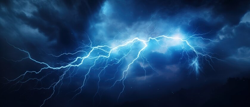 Blue Lightning strike on the dark cloudy sky landscape. AI generated image