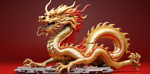 Fototapeta premium Gold dragon on a red background