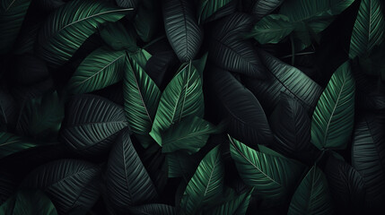 Textures of abstract black leaves for tropical leaf background. Flat lay, dark nature concept, tropical leaf