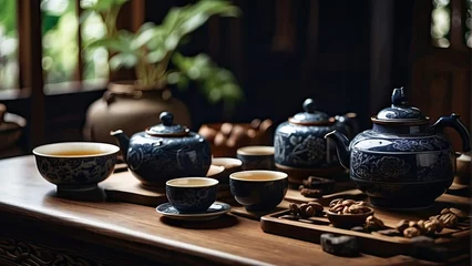 Foto op Aluminium Chinese style, pouring tea, Tea, Ceramics, black walnut table © Reha