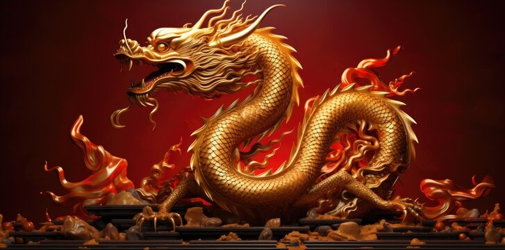 Gold dragon on a red background