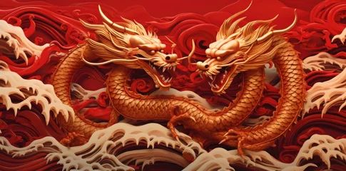 Tuinposter Gold dragon on a red background © Marharyta