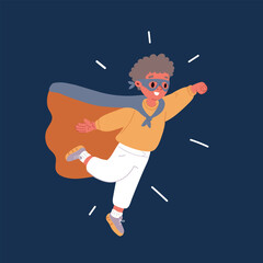 Full body side view of cute little superhero boy in mask flying
