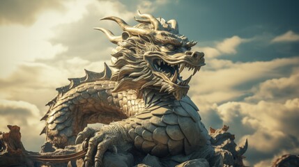 chinese dragon statue in temple - obrazy, fototapety, plakaty