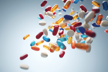 Levitating colorful tablets and pills with medical capsules isolated on light background.Medicine motive.generative ai