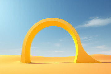 Surreal desert landscape with white clouds going into the yellow square portals on sunny day.