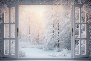 View through the window of a cottage into a snow covered winter forest landscape. Snowy nature background. For product display