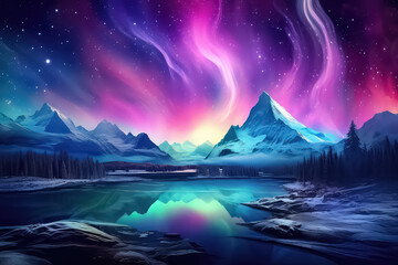 northern lights in night starry sky against background of mountains - obrazy, fototapety, plakaty