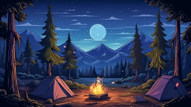 Camping in the mountains at night with bonfire and tent,Seamless looping video background animation, Anime or cartoon style. Generated with AI
